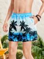 SHEIN Teenage Boys Coconut Tree Printed Casual Vacation Style Swimming Trunks