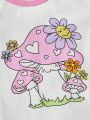 SHEIN Kids QTFun Toddler Girls Mushroom & Floral Print Contrast Binding Tee