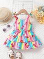 Baby Girl Rainbow Striped & Butterfly Printed Sleeveless Dress