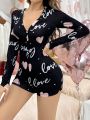 Women's Letter & Heart Print Long Sleeve Sleep Romper