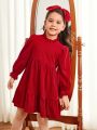 SHEIN Kids KDOMO Little Girl's Fitted College Stand-collar Long-sleeved A-hem Dress