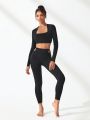 SHEIN Leisure Solid Square Neck Crop Tee & Cut Out Waist Leggings