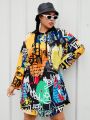 SHEIN Coolane Plus Size Women's Digital Printed Hooded Dress