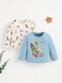 SHEIN Newborn Baby Boys' Cartoon Pattern Round Neck Top Set, 2pcs