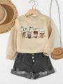 Young Girl Coffee & Letter Graphic Thermal Lined Sweatshirt