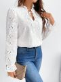 SHEIN Frenchy Ladies' Solid Color Hollow Out Embroidered Collar Tie Neck Blouse