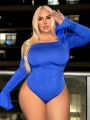 SHEIN SXY Plus Size Solid Color One Shoulder Flare Sleeve Jumpsuit