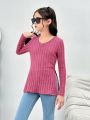 SHEIN Kids HYPEME Teenage Girls' Casual Knitted Solid Color Round Neck Long Sleeve Top For Street Style