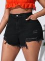 SHEIN VCAY Plus Size Irregular Cutout Ripped Denim Shorts In Tight Fitting College Style