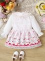 Baby Girl'S Fashionable Cartoon Printed Dress With Peter Pan Collar And Lace Trim