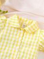 2pcs/Set Sweet Plaid Turn-Down Collar Short Sleeve Shirt And Skirt Outfit For Baby Girls