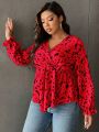 SHEIN LUNE Plus Allover Print Flounce Sleeve Peplum Blouse