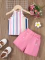 Baby Girl Striped Halter Top And Double-Breasted Shorts Set