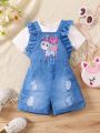 SHEIN Kids QTFun Young Girls' Cute Denim Print Jumpsuit With Short Sleeve T-Shirt Set