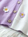 Girls' Contrast Color Flower Patch Cardigan With Buttons And Lapel