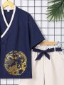 SHEIN Teenage Boys' Chinese Style Stand Collar Right Over Left Buttoning Brocade Dragon Pattern Hanfu Set
