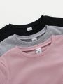 SHEIN Kids EVRYDAY Tween Girls' Knitted Solid Slim Fit Round Neck Casual T-Shirt (Pack Of 3)