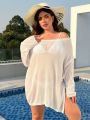 SHEIN Swim Vcay Plus Size Women'S Split Hem Long Sleeve Cover Up With Side Slit