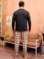 Men'S Cartoon & Plaid Pattern Homewear Set With Long Sleeve Shirt And Pants