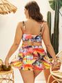 SHEIN Swim Vcay Plus Size Tropical Printed Bikini Set With Cross Detailing + Swim Skirt