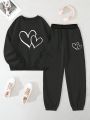Tween Girls' Casual Heart Patterned Long Sleeve Sweatshirt And Pants Set For Autumn And Winter