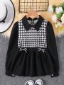 SHEIN Kids EVRYDAY Tween Girl Houndstooth Print Bow Front Peplum Blouse