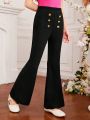 SHEIN Kids FANZEY Teen Girls' Elegant Long Decorative Button Detail Slim Fit Flare Pants