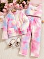 Tween Girls' Letter Embroidered Tie Dye Teddy Vest, Hooded Jacket And Pants Warm 3-Piece Set