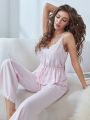 Lace Trim Ruffle Hem Top & Pants PJ Set