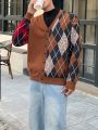 Men's Patchwork Diamond Check Pattern Button Front Cardigan Sweater