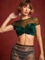 LOVING U Mesh Ruched Front Crop Velvet Top