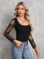 SHEIN Tall Contrast Lace Scallop Trim Top