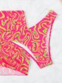 SHEIN Swim Y2GLAM Marble Print Bikini Swimsuit Set + Drawstring Beach Skirt