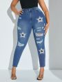 Plus Size Star Printed Ripped Slim Fit Skinny Jeans