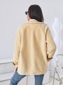 SHEIN Essnce Women's Lapel Collar Long Sleeve Plush Coat With Pointed Hem