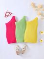 SHEIN Baby Girl'S Casual Knit Solid Color One Shoulder Dress Three-Piece Set