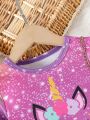 SHEIN Kids QTFun Toddler Girls' Mid-length Cartoon Unicorn Printed Round Neck Long Sleeve Dress For Autumn