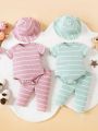 SHEIN 6pcs/set Comfortable Striped Fabric Baby Girls' Casual Everyday Outfits With Hat