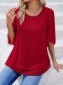 Round Neck Semi-Transparent Fabric Color Block Puff Sleeve Shirt