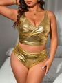 SHEIN Swim Basics Plus Size Women'S Cross-Over Metallic Texture Vest Style Bikini