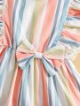 Baby Block Striped Ruffle Trim Bow Front Dress With Headband