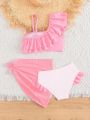 Tween Girl Flamingo Print Ruffle Trim Bikini Swimsuit With Beach Skirt