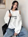 Dazy Star Text Pattern Hollow Out Drop Shoulder Sweatshirt