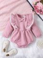 Pink Long Sleeve Bodysuit With Ruffle Trim