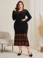 SHEIN Modely Plus Size Geometric Pattern Round Neck Sweater Dress Without Belt