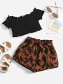 SHEIN Baby Lettuce Trim Tee & Graphic Print Paper Bag Waist Belted Shorts