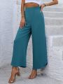 Women's Asymmetric Hem Button Decor Elastic Waist Pleated Fabric Pants With Wrinkled Texture