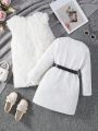 SHEIN Kids CHARMNG Little Girls' 2pcs/set Casual Comfortable Warm Fleece Jacket And Pants Outfits, For Autumn And Winter