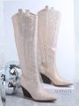 Metallic Rhinestone Decor Side Zipper Chunky Heeled Boots