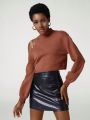 NILLARY Women'S Solid Color Hollow Out Shoulder & Stand Collar Cropped Sweater